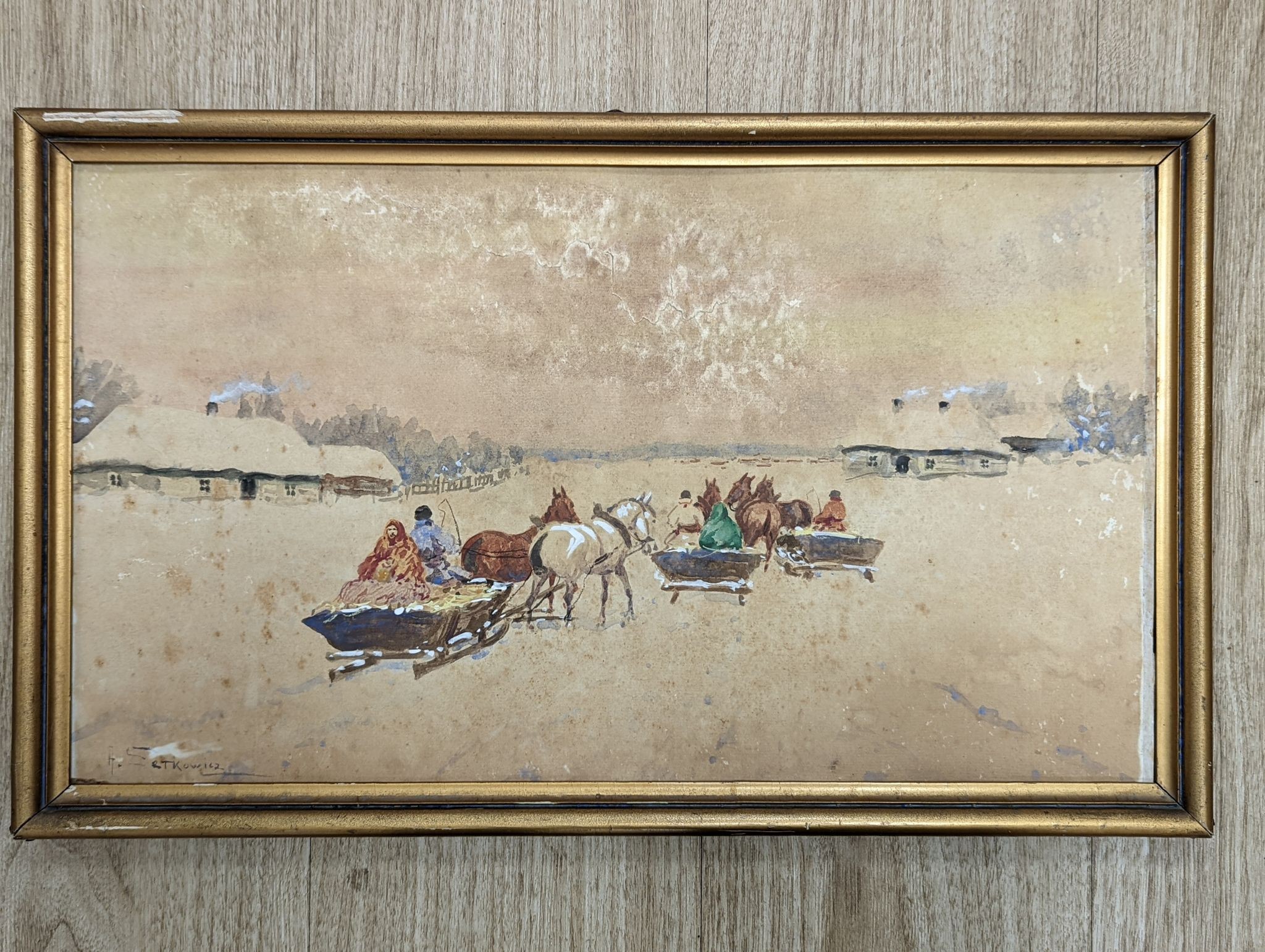 Adam Setkowicz (Polish, 1879-1945), watercolour, Landscape with horse drawn sleighs, 28 x 49cm (a.f.)